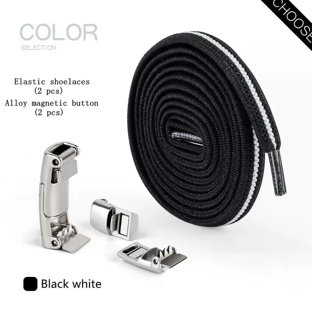 New Upgrade Magnetic Buckle Latex Rubber Band Elastic Laces Sneakers Laces Without Tying Kid and Adults Are Available Shelaces Black white