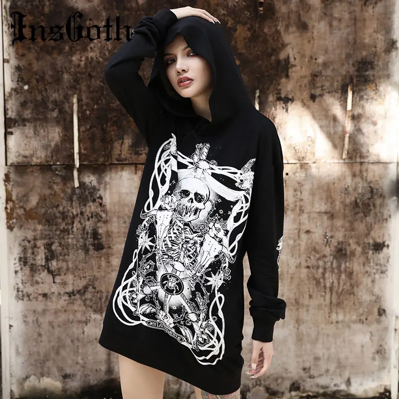 Baratos InsGoth mujeres Hoodies Harajuku Grunge gótico cráneo impreso sudaderas con capucha suelta negro Sudadera con capucha Streetwear moda Top