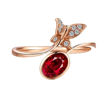 

Elegant Female Oval Ruby Stone Adjustable Ring Fashion Sterling Silver Crystal Butterfly Ring Simple Engagement Rings For Women