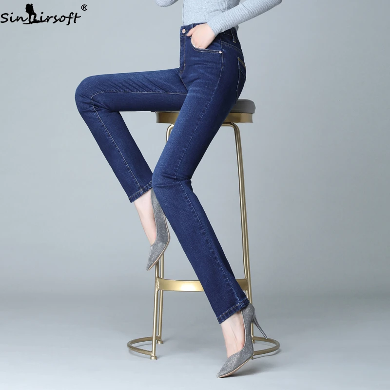 Осенние и зимние новые свободные прямые джинсы с высокой талией женские плюс бархатные утепленные модные тонкие Стрейчевые джинсовые брюки для женщин