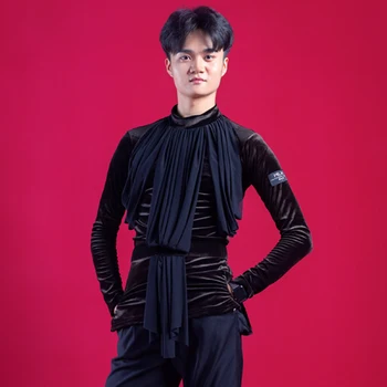

Latin Dance Top Winter Black Velvet Long Sleeve Men Performance Clothing Rumba Cha Cha Samba Tango Competition Shirts DN4520