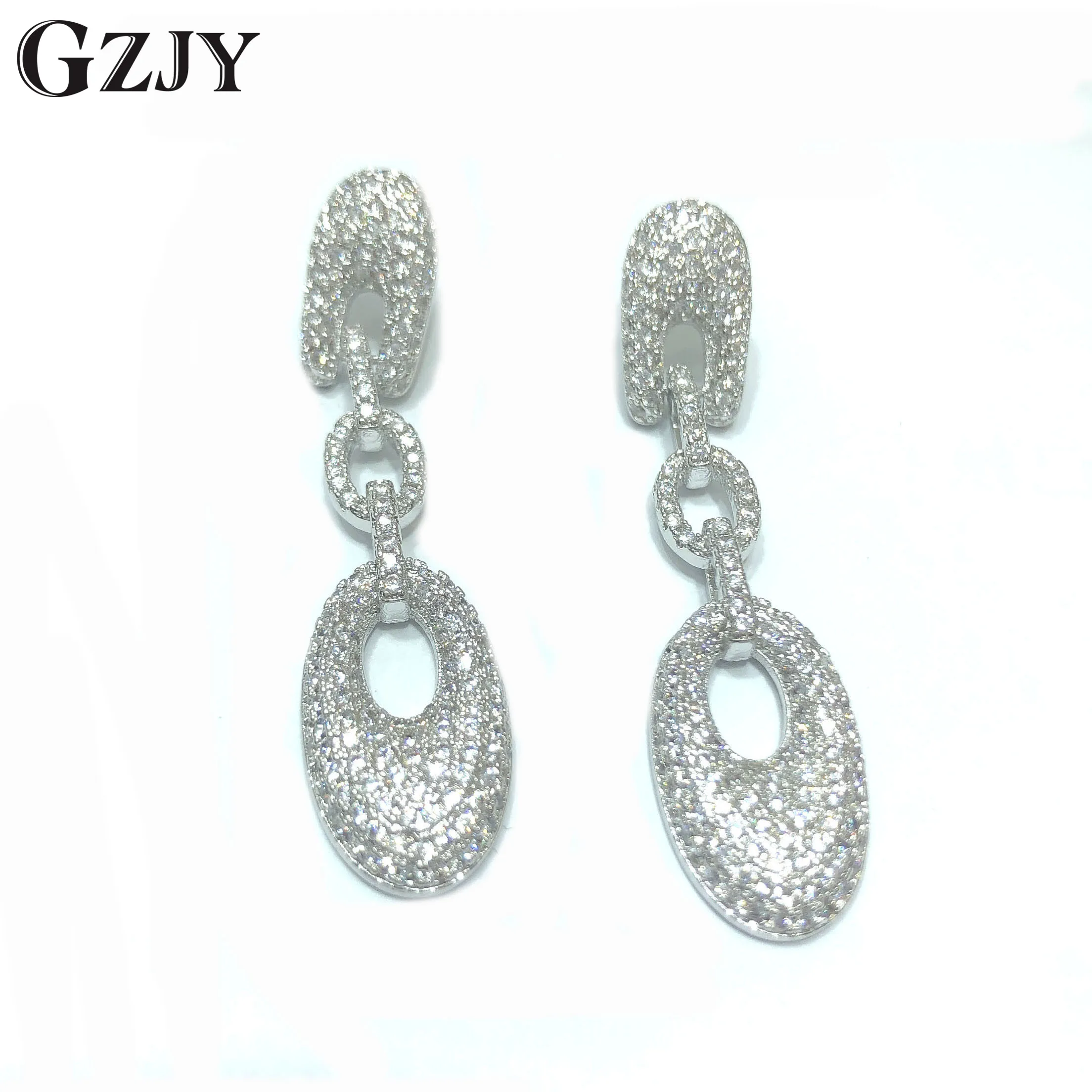 

GZJY Trendy White Gold Color Full Zircon Dangle Earring Geometric Drop Earrings Charming Wedding Brincos Women Pendientes