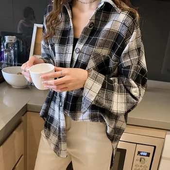 

New HK-style Retro Plaid Women's Shirt Button Long Sleeve Mid-length Shirt-Jacket 2020 Autumn Ladies Vintage Tops Blusa