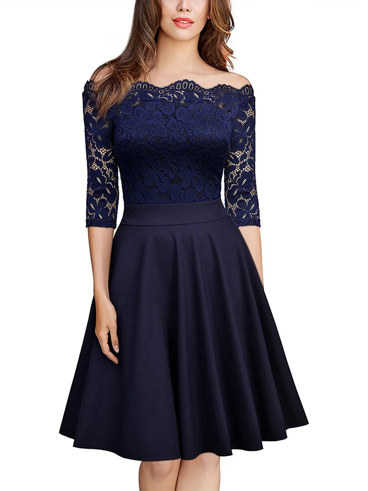 Dark blue Модное кружевное летнее платье на одно плечо, сексуальные женские платья с пятиконечными рукавами, элегантный праздничный подарок, уличная одежда в европейском и американском стиле - Цвет: Dark blue