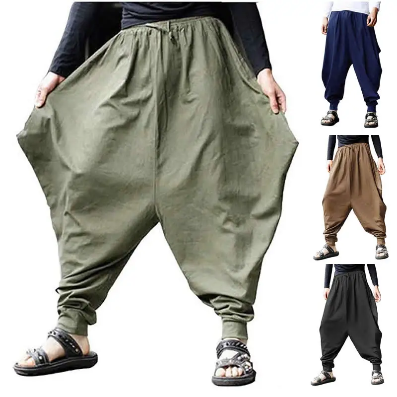 Tanie Plus rozmiar bawełny lniane spodnie Harem mężczyźni Baggy styl japoński