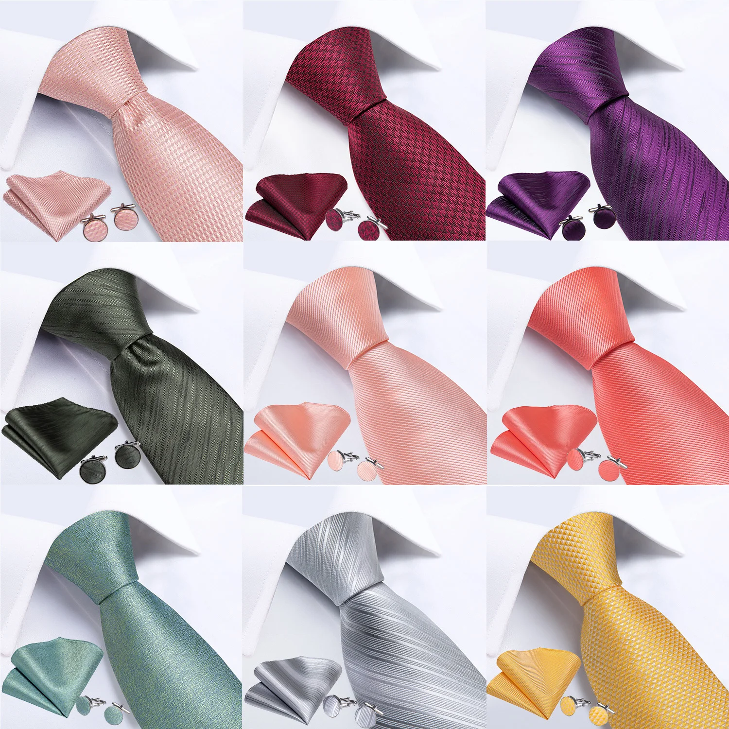 Men Tie Solid Pink Color Formal Wedding Necktie Silk Jacquard Woven Tie Handkerchief Cufflinks For Men Business Suit