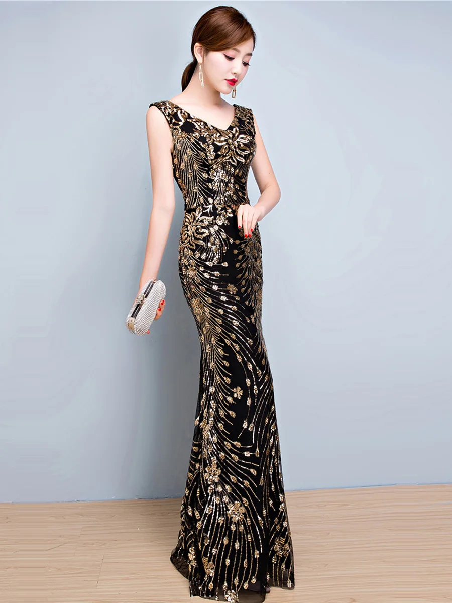 Вечернее платье, сексуальное, с двойным v-образным вырезом, Robe De Soiree, шикарные, с блестками, элегантные вечерние платья, длина до пола, Русалка, вечерние платья F247