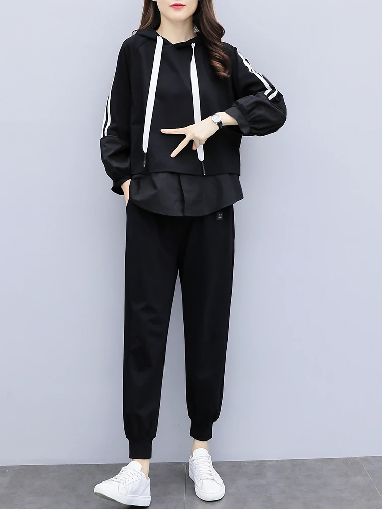Большой плюс размер спортивные толстовки костюмы спортивный костюм женские толстовки брюки комплект из 2 предметов Женская Спортивная одежда для бега Комплект топ брюки костюм - Цвет: Black