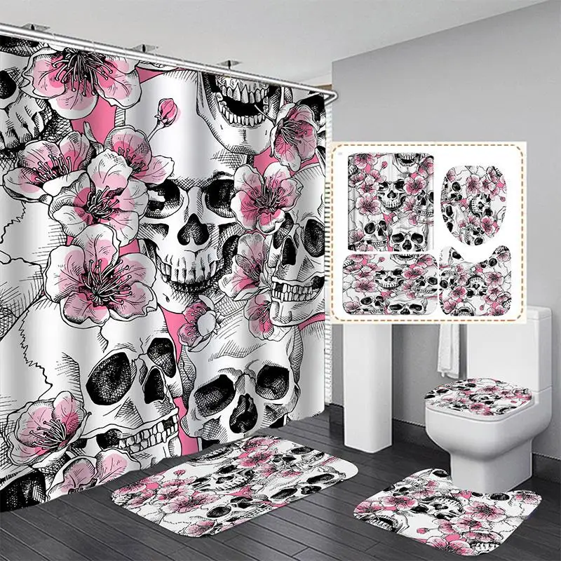 Skull Mermaid Black Shower Curtain Bath Mat Toilet Cover Rug Bathroom Decor 