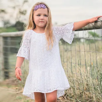 

2018 European And American Summer Children'S Skirt Girls Fairy Flying Sleeves Lace Hollow Jacquard Dress Supply