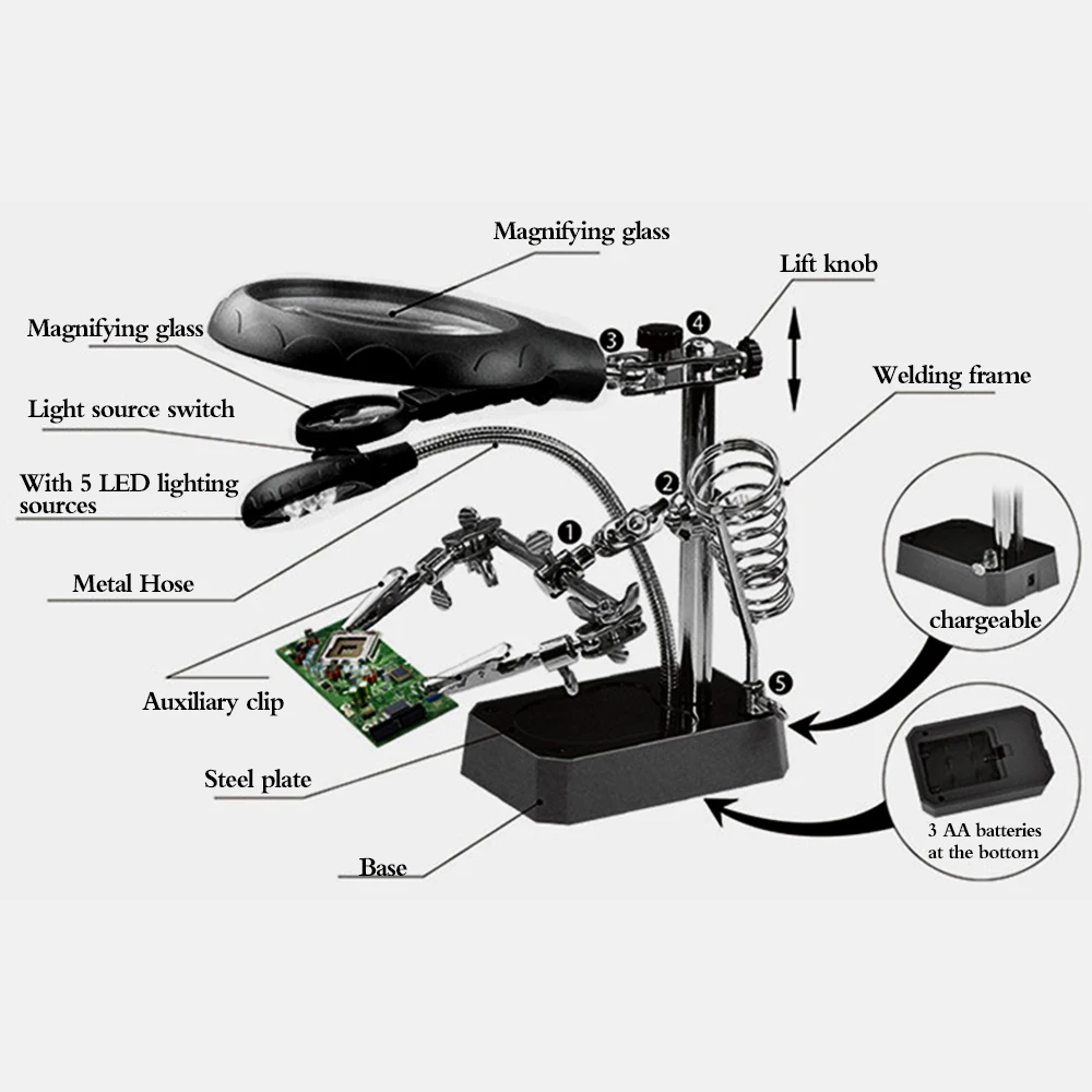 TE-800 2.5X 7.5X 10X прецизионные электронные компоненты помощник по обслуживанию Лупа с 5 Led светильник регулируемый зажим