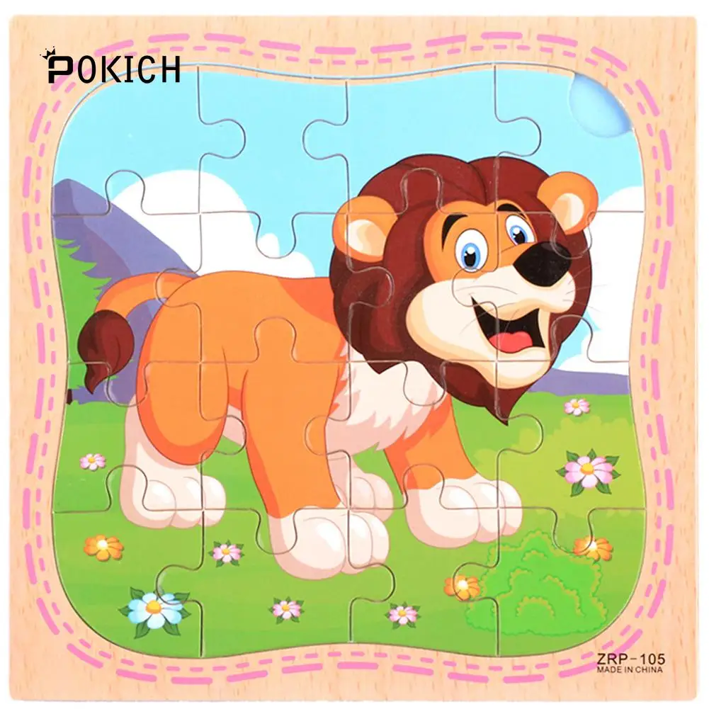 Pokich деревянные пазлы Игрушки 16 шт. дети радость Превосходное качество головоломки мультфильм Животные Развивающие головоломки игрушки для детей
