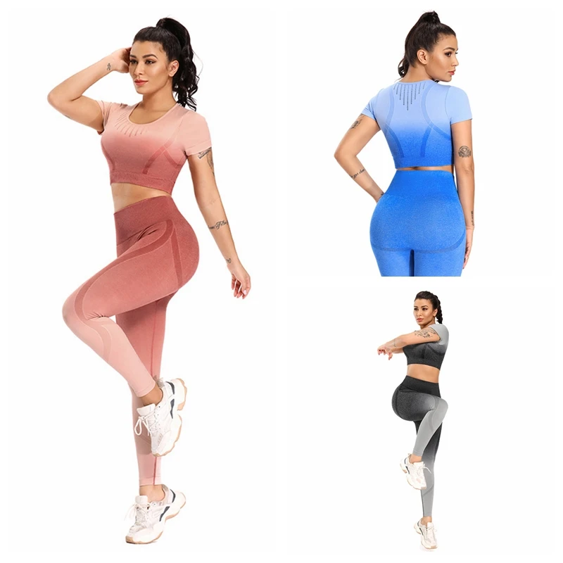 

2020 Women Yoga Set Seamless Sport Bra Legging High Waist Leggings Gradient Gym Clothes Top Shirt Workout Fitness Suits