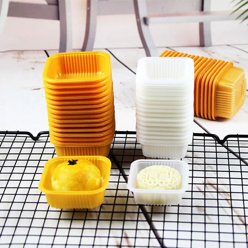 

50pcs Gold White color Square Plastic Moon Cake Trays Cookie Dessert Package Box Container Holder bag
