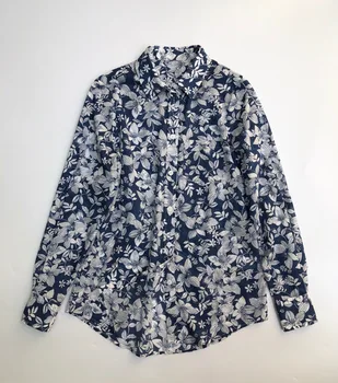 

Women Shirt Blue Flower Cotton Shirt Early Autumn Vintage Blue Floral Clear Smart Small Stand Long Sleeve Shirt