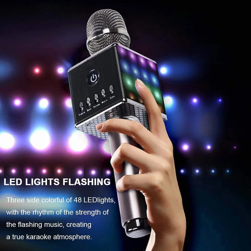 Портативный Беспроводной микрофон для караоке с диско светодиодный свет, ручной микрофон караоке Bluetooth колонки для вечерние пения, дети, дом, KTV - Цвет: grey