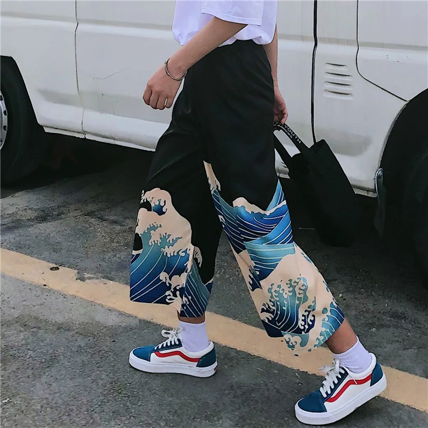 Unisex Man Woman Wide Leg Pants Japanese Style Harajuku Ukiyo Wave Print Casual Elastic Cartoon Leisure Loose Harem Trousers