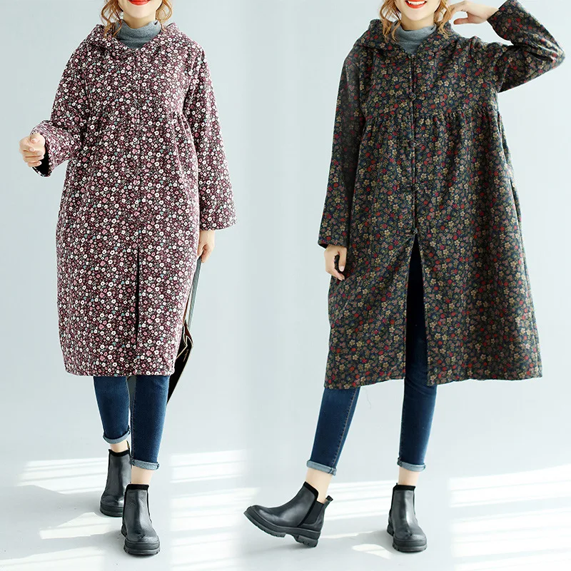 

2019 Winter New Style Ethnic-Style WOMEN'S Dress Cotton Linen Floral Print Loose-Fit Mid-length Brushed And Thick Hooded Cotton