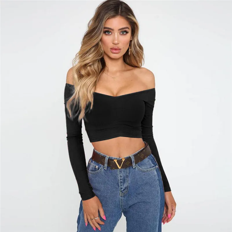 

Women T-Shirts Sexy and Club Fashion Female T-Shirt Long Sleeve Off Shoulder Solid Color Lady Top Autumn Basic Tees FLJ049