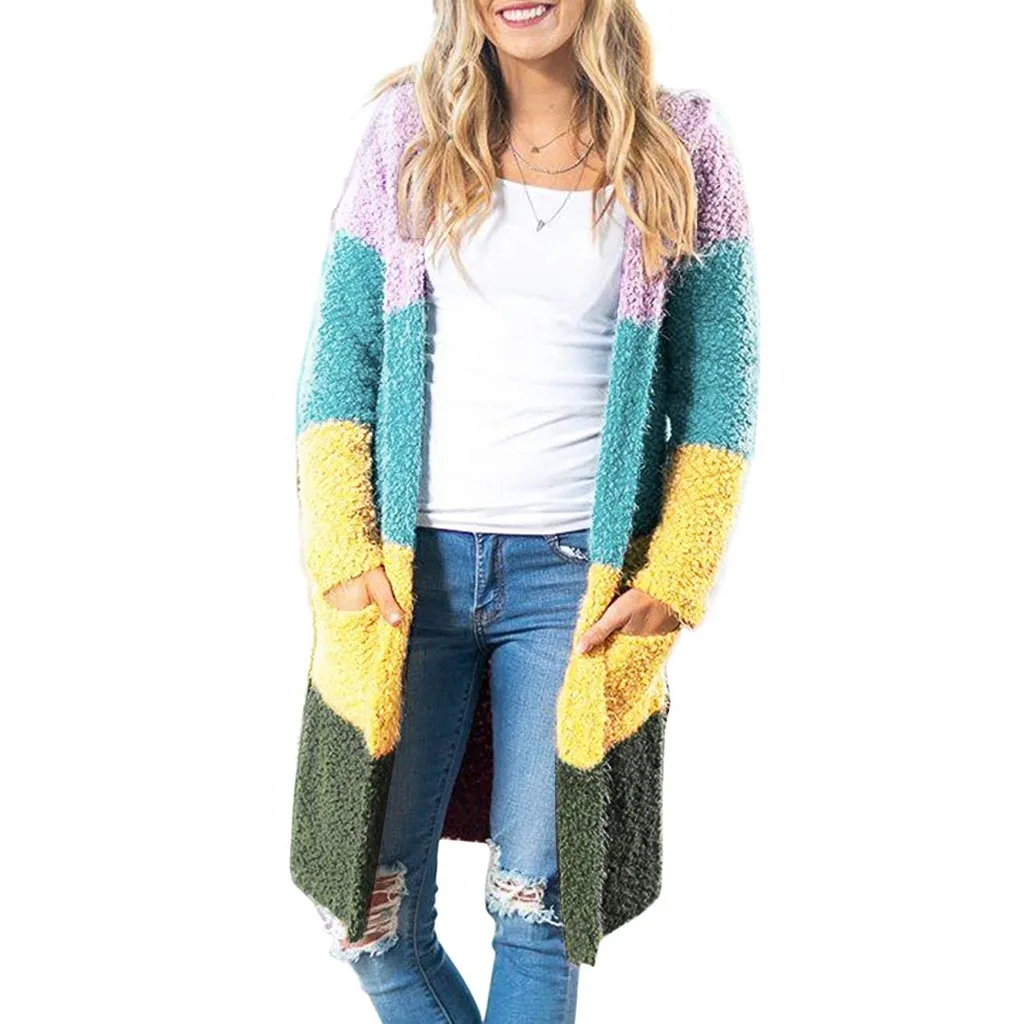 Jaycosin Fashion Autmn Winter Women Casual Splice Knitted Cardigan Sweater Long Sleeve Comfortable Soft Leisure Pullover 21#4