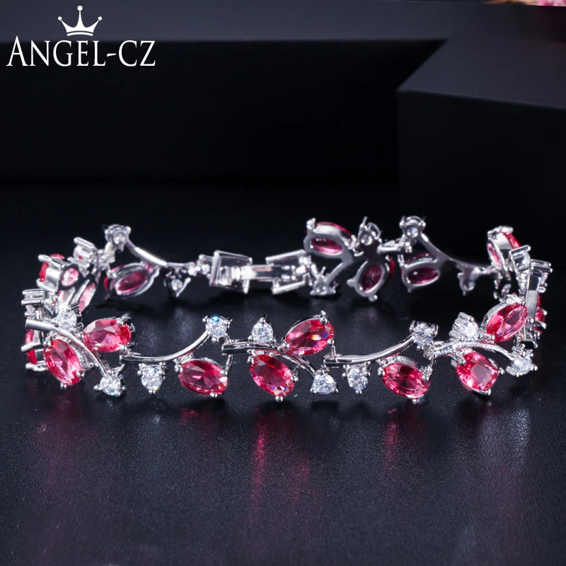 ANGELCZ романтические женские цветочные украшения Роза красный и белый CZ камень проложить серебряный цвет модный Теннисный браслет для женщин Подарки AB044