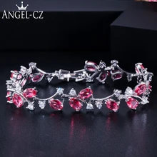 ANGELCZ романтические женские цветочные украшения Роза красный и белый CZ камень проложить серебряный цвет модный Теннисный браслет для женщин Подарки AB044