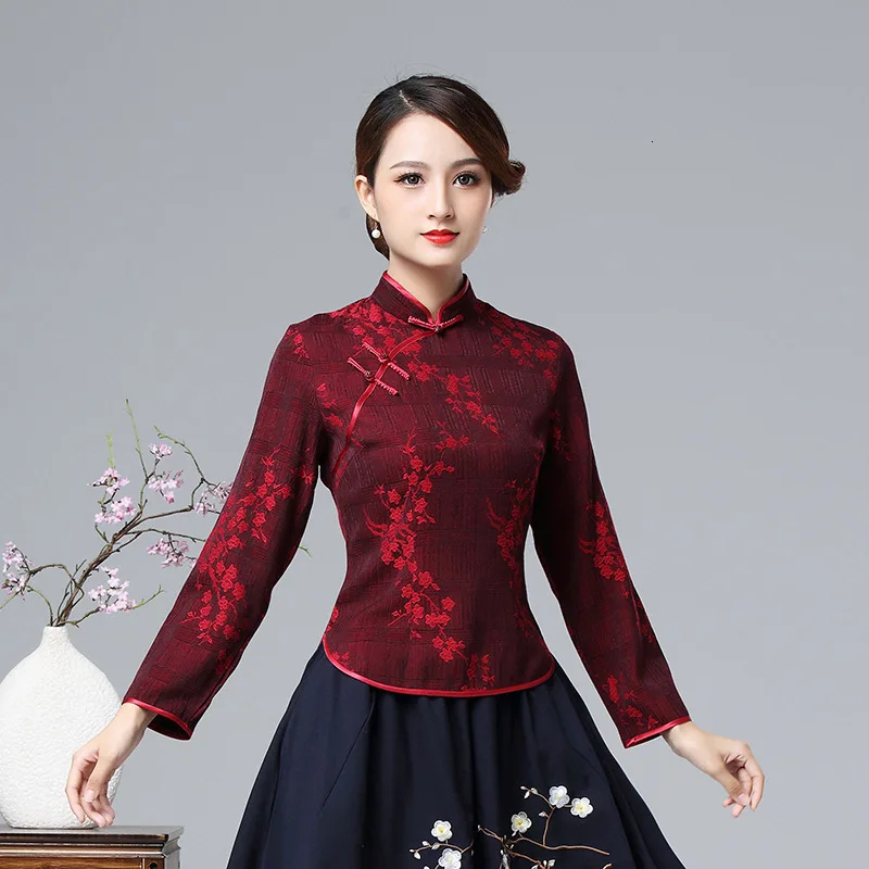 Sheng Coco жаккардовые топы, блузки, костюм для женщин, длинный рукав, китайский стиль, повседневные рубашки с принтом, Qipao, Cheongsam Camisa, Китай