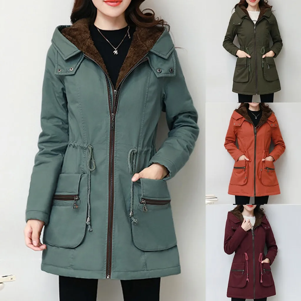 Женская длинная куртка с регулируемым поясом SAGACE свободная на молнии капюшоном и