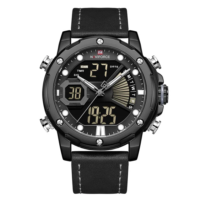 black black NAVIFORCE мужские часы Топ люксовый бренд Модные кварцевые мужские наручные часы водонепроницаемые кожаные Цифровые мужские часы Relogio Masculino - Цвет: black black