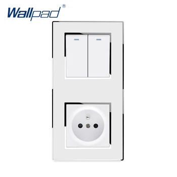 

Vertical 2 Gang 2 Way Switch With EU French Socket Wallpad Luxury Wall Electric Outlet Mirror Acrylic Panel 16A AC 110~250V