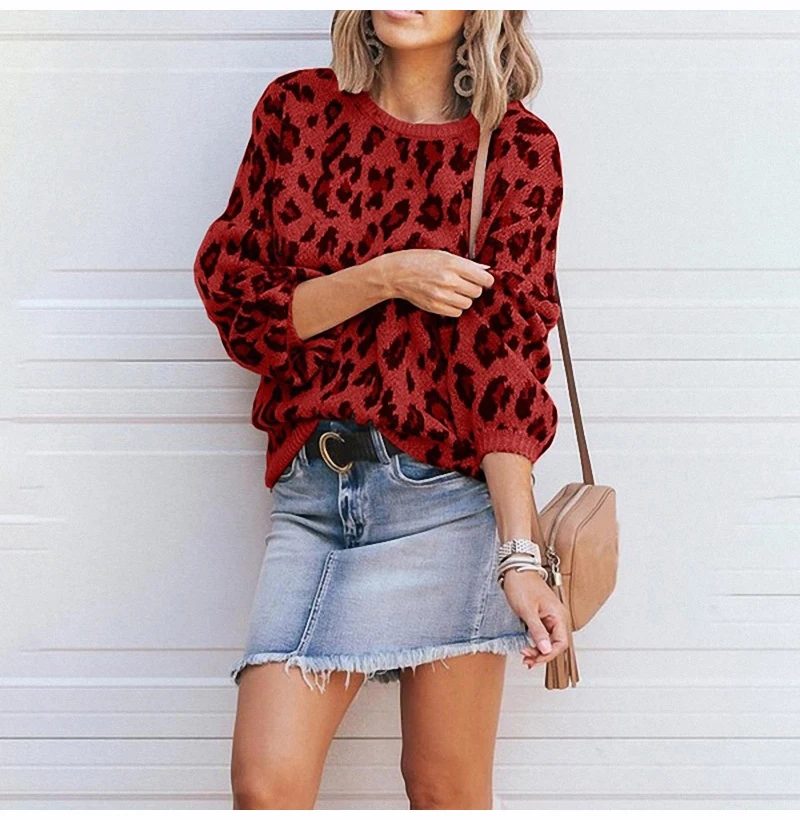 Lossky Women Fall Sweaters Fashion Leopard Jacquard Lantern Sleeve Pull Femme Pullover Tops Yellow Autumn Winter Clothes