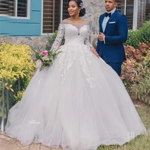 

YiMinpwp Ball Gown Wedding Dresses O Neck Lace up Back Sweep Train Applique Chapel Garden Bridal Gown vestidos de novia