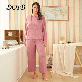 

DOIB Women Pink Homewear Set Simple Casual Hooded Two Pieces Suit Pajamas Plus Size Nightwear Female Sleepwear