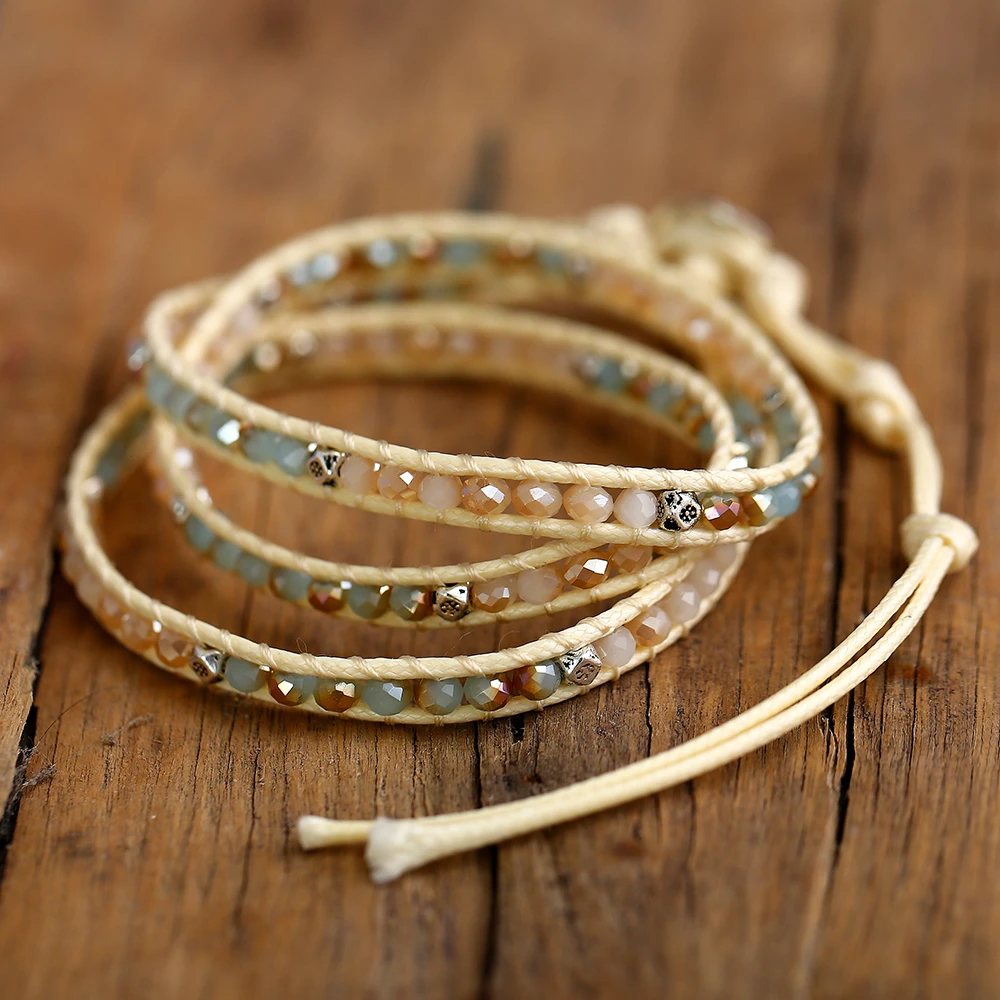 Boho Винтажный Регулируемый многослойный браслет браслеты для женщин Зеленые Бусины Кристалл Плетеный Веревка Ювелирные изделия с бриллиантами