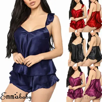 

Sexy Ladies Lingerie Lace Silk Satin Camisole Babydoll Sleepwear Women`s Solid Color Jumpsuit Nightwear