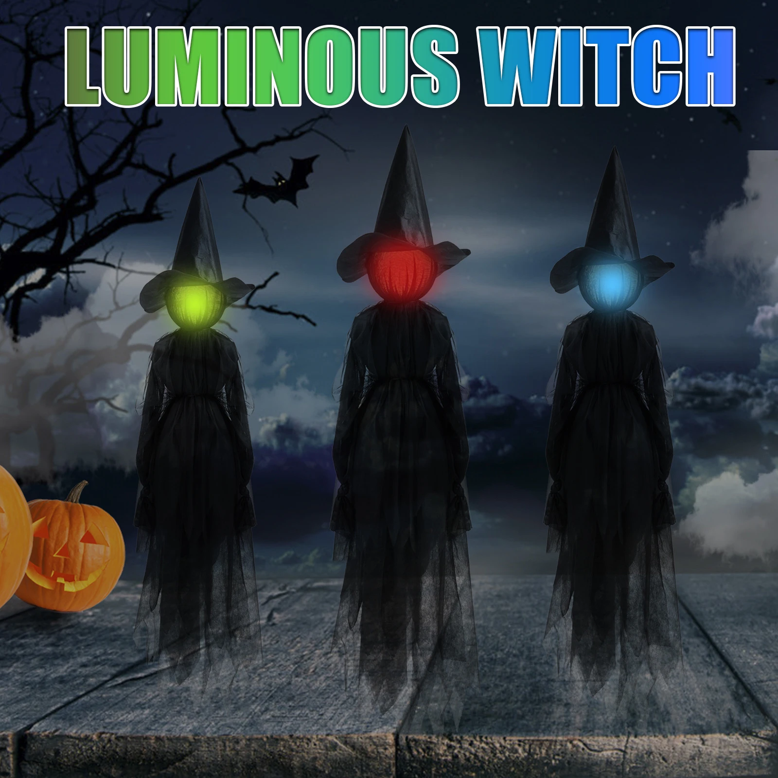 

3Pcs Glowing Witches with Stakes Halloween Decorations Outdoor Holding Hands Screaming Witches Sound Activated Sensor Decor