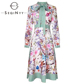 

SEQINYY Green Dress 2020 Spring Autumn New Fashion Design Women Bow High Quality Flowers Printed Knee Dress Casual