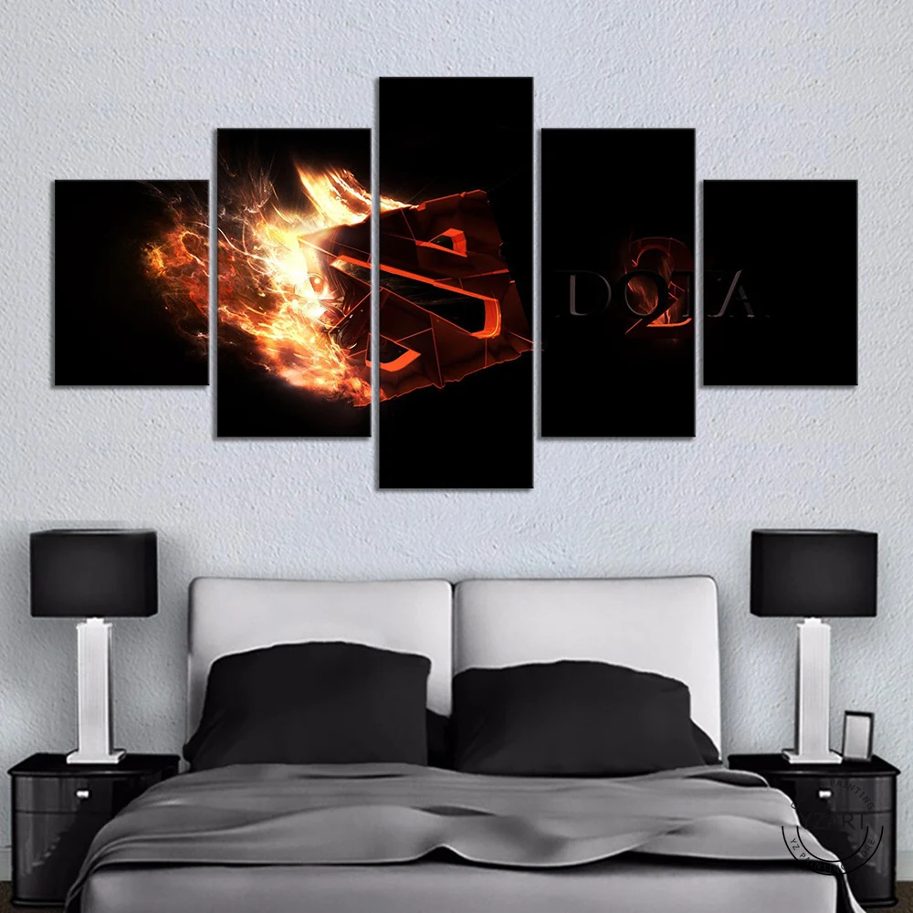  5 Piece Dota 2 Logo Fire Effect Picture Canvas Paintings Wall Art Dota Games Art Wall Paintings Liv