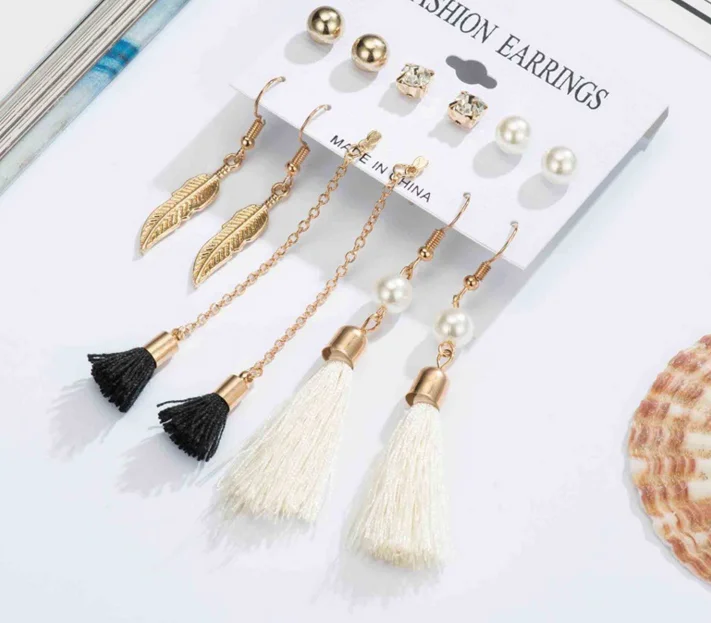 6 пар винтажный геометрический кисточкой Висячие серьги для женщин золотой лист