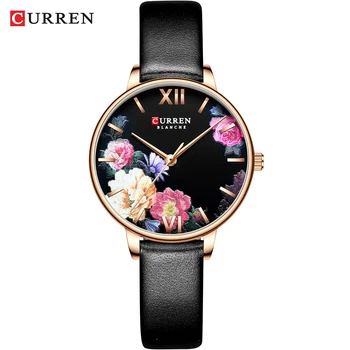 

2019 Fashion Trend Flower Leather Watches CURREN Classic Black Wristwatch Female Clock Ladies Quartz Watch relogios feminino