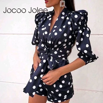 

Jocoo Jolee Women Polka Dot Print Sashes Bow Playsuit Elegant Europe Style Puff Sleeve V Neck Jumpsuits Casual Romper Overalls