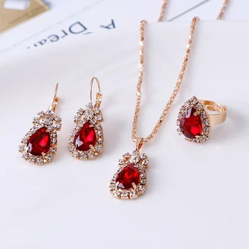 3Colors Jewelry Sets Hoop Earrings Water Drop Earrings Red Jewelry Set Rhinestones For Women Pendant Necklace/Earrings/Rings