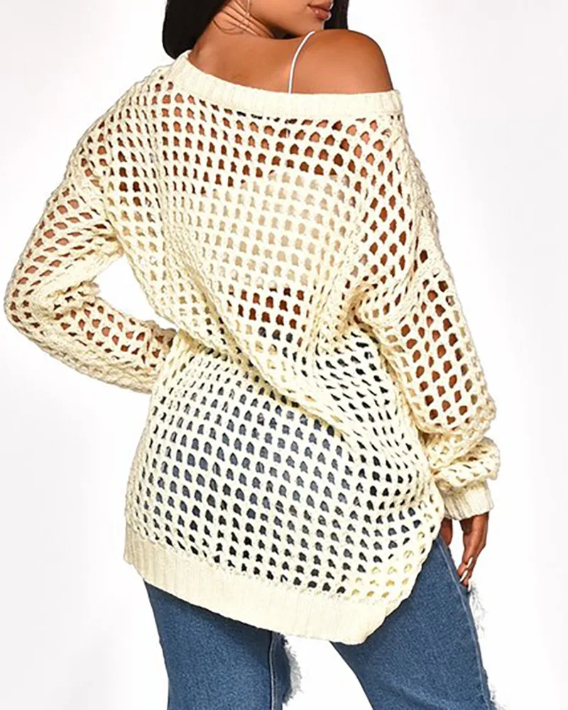 solid long sleeve hollow out sweater