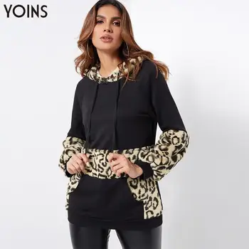

YOINS 2020 Autumn Winter Women Hoodies Sweatshirts Fluffy Leopard Print Pockets Hoodie Black Tops Pullover Female Casual Coat