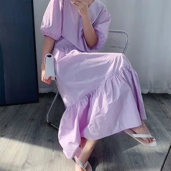 

2020 Dress Women's French Loose Long Dress Cotton V-neck Half Sleeve Dress