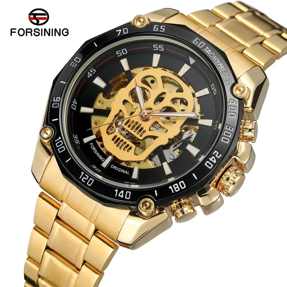 

Forsining 3D Skull Transparent Golden Stainless Steel Luminous Design Mens Automatic Sport Watch Top Brand Luxury Skeleton Clock