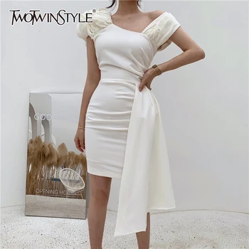 

TWOTWINSTYLE Sexy Party Women Dress Asymmetrical Collar Spaghetti Strap High Waist Mini Irregular Dresses Female Clothing Tide
