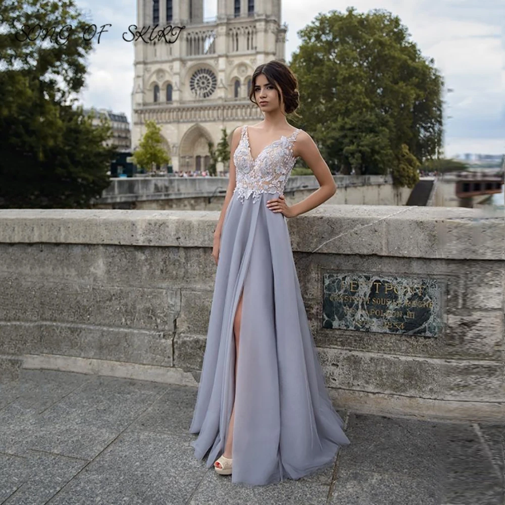 

Grey High Split Evening Dresses Elehamce V Neck Prom Dress Backless Applique Pearl Formal Party Gown Robe De Soirée Femme