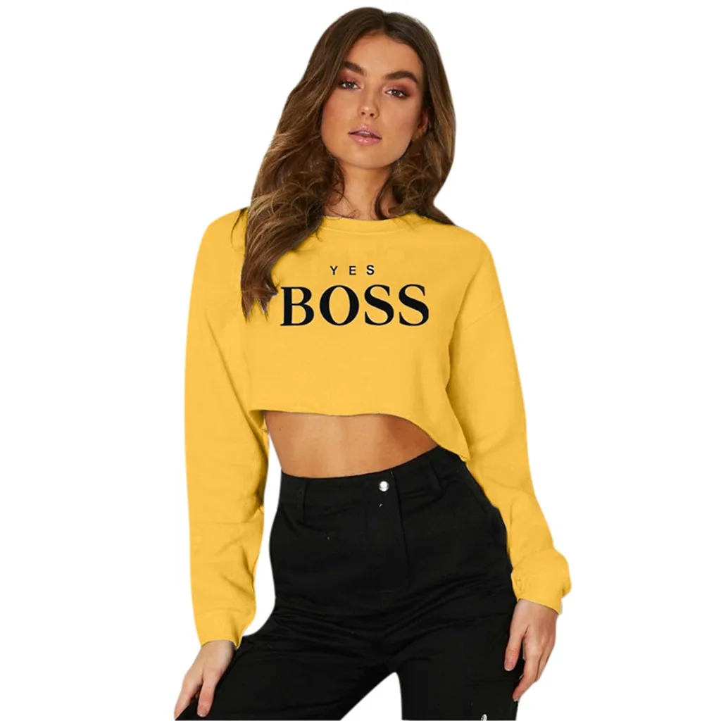 Womail кофты Для женщин Зимняя да с надписью Boss свитшот с принтом Повседневное комфортный круглый вырез Новые короткие элегантный свитшот пуловер