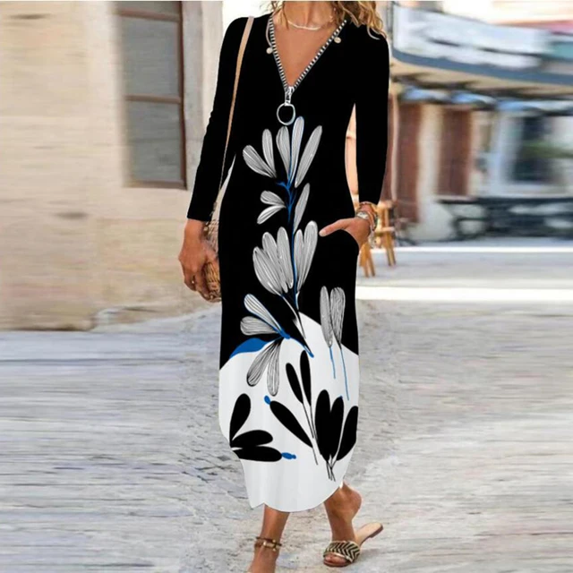 Vintage Flower Dress Women O Neck Pocket Casual Dresses For Women Loose Long Dress Plus Size Ladies Vacation Party Dress 13